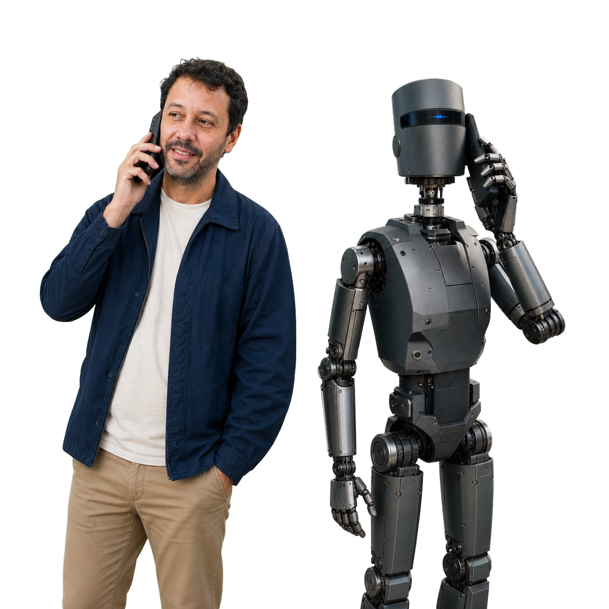 A human operator and an industrial AI robot speaking on phones