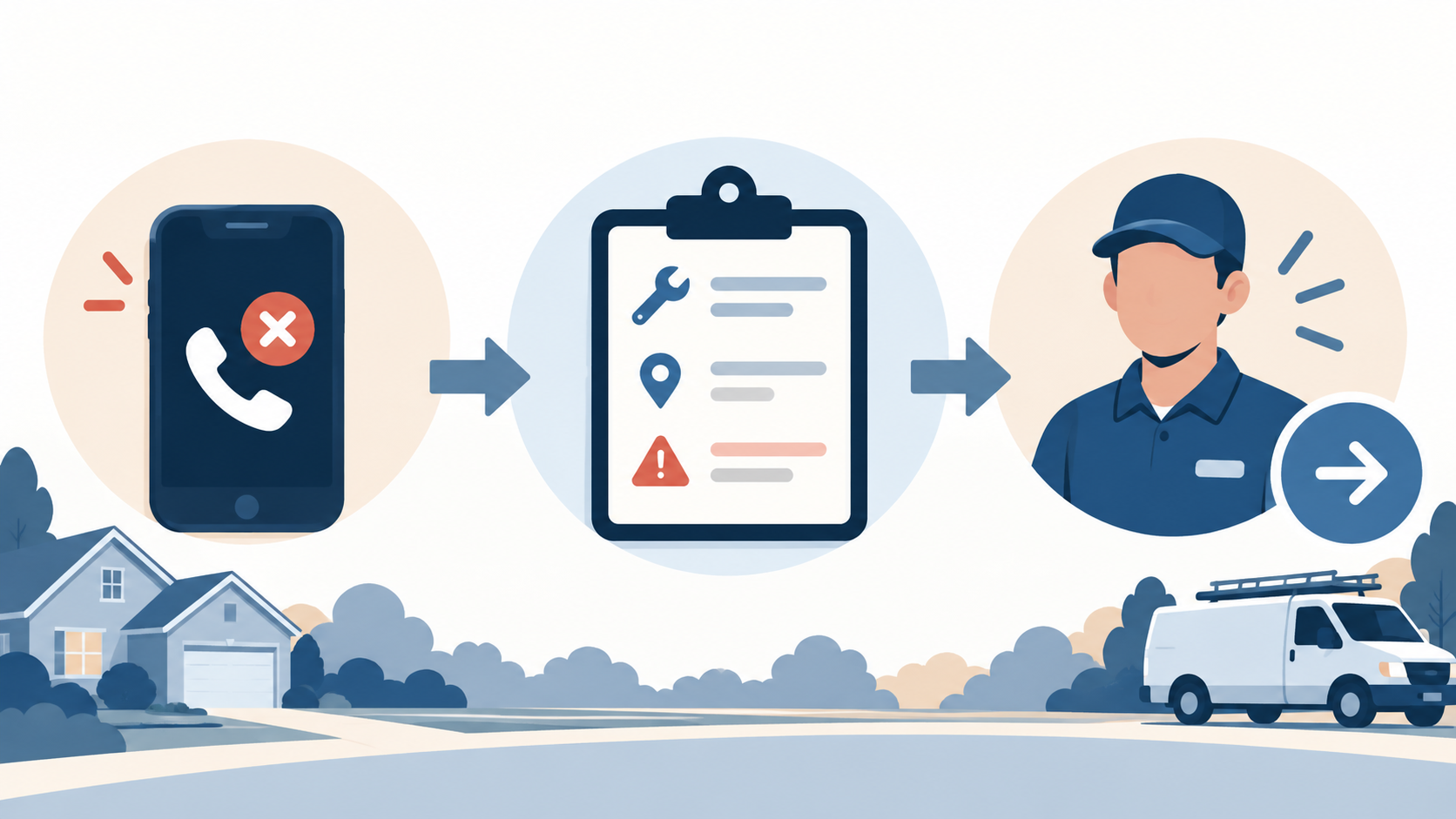 Illustrated path from a missed home-services call to a captured request and accountable handoff.