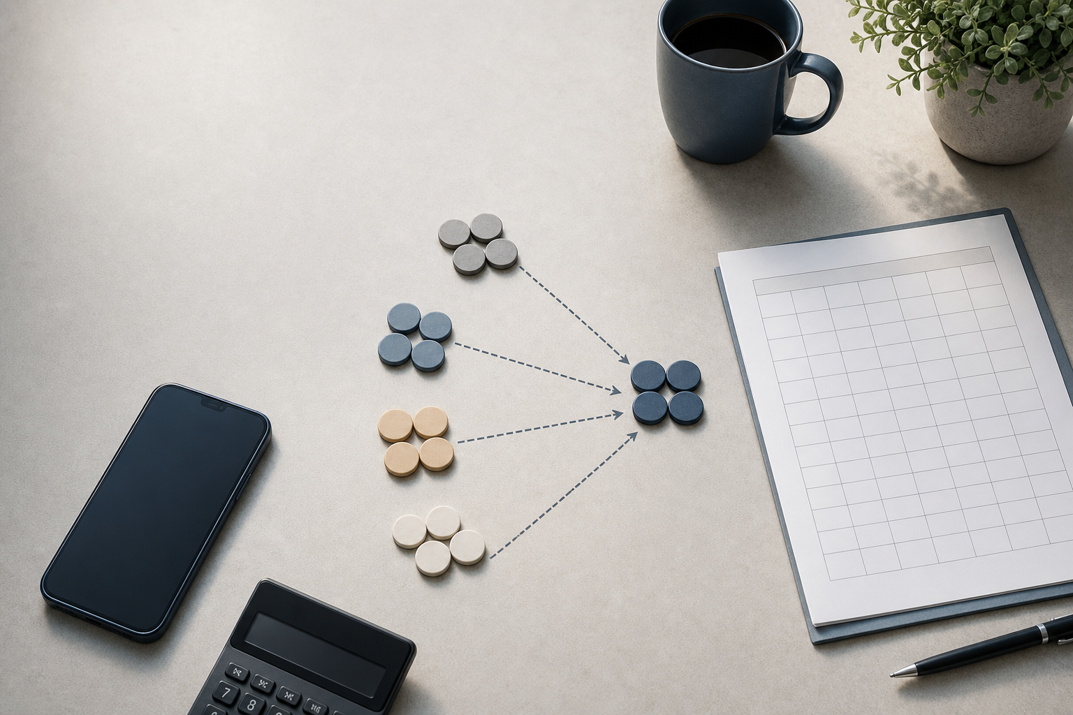 Overhead desk scene with an unbranded phone, calculator, blank worksheet grid and grouped counting tokens representing workflow costs and qualified leads.