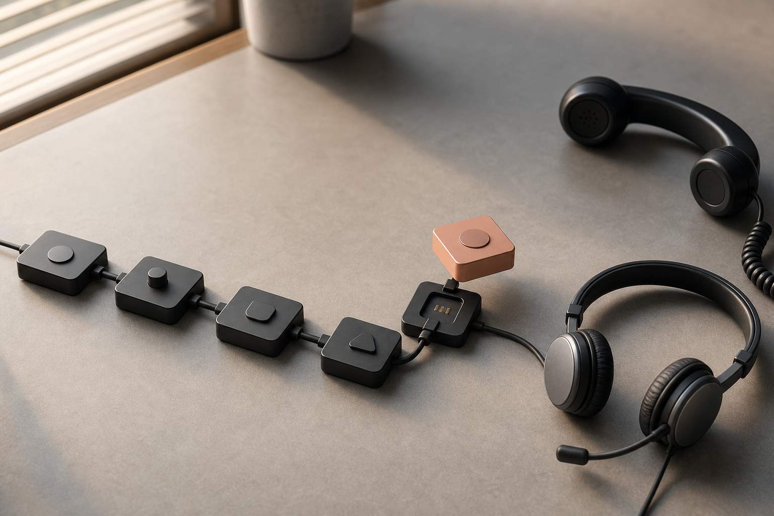 A modular call workflow on an operations desk with one provider block being replaced while the connected route remains intact.