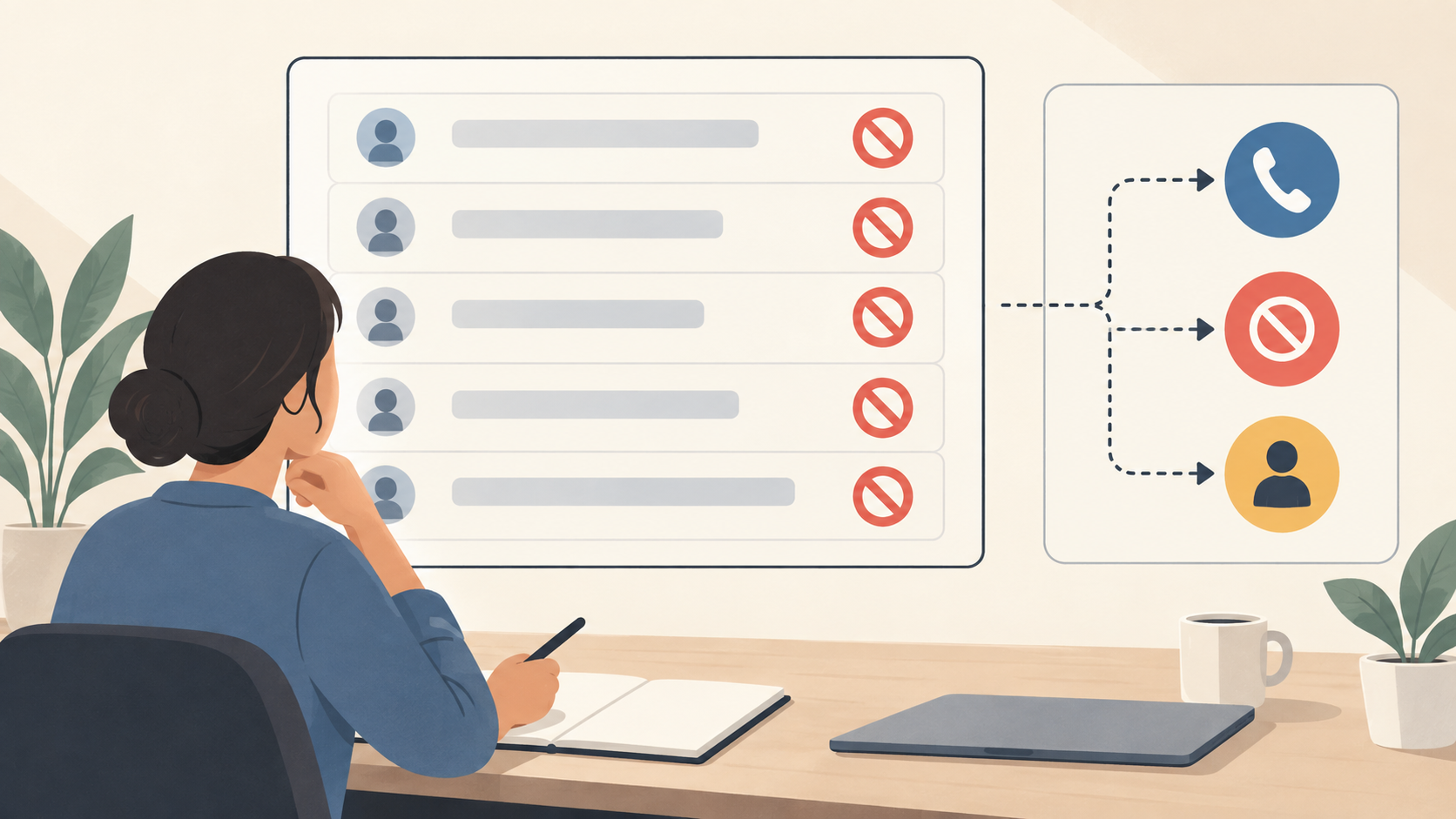 Illustration of an operations reviewer checking do-not-call flags beside a suppression list.