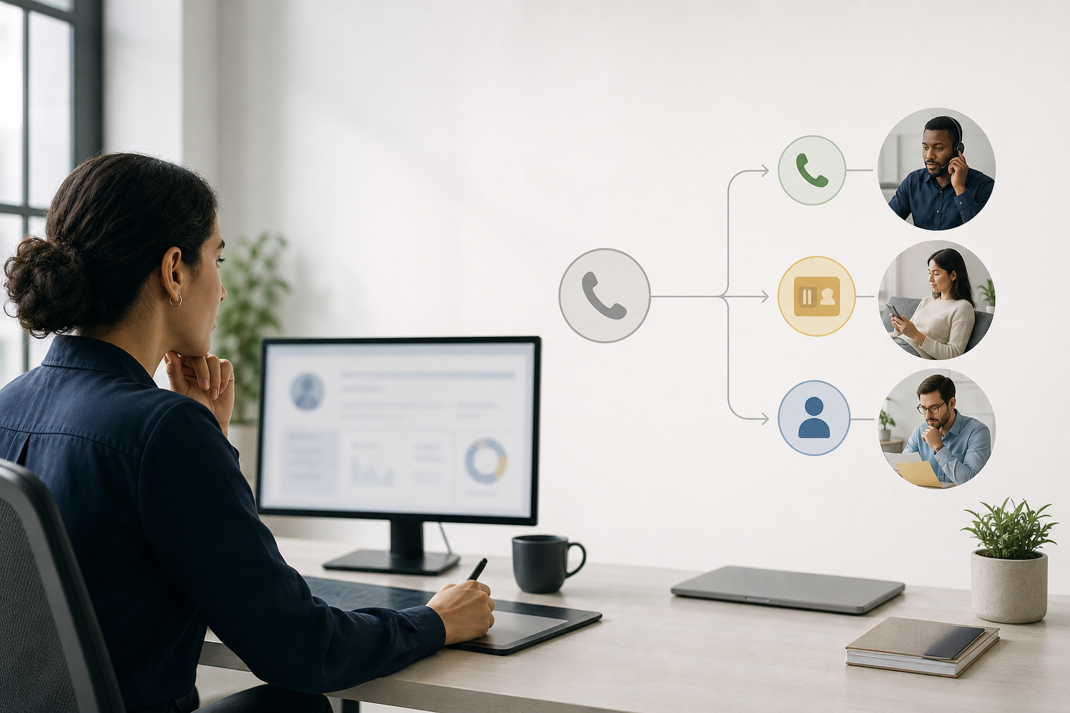 Editorial illustration of an operations analyst routing an inbound call record to call, skip or human review paths.