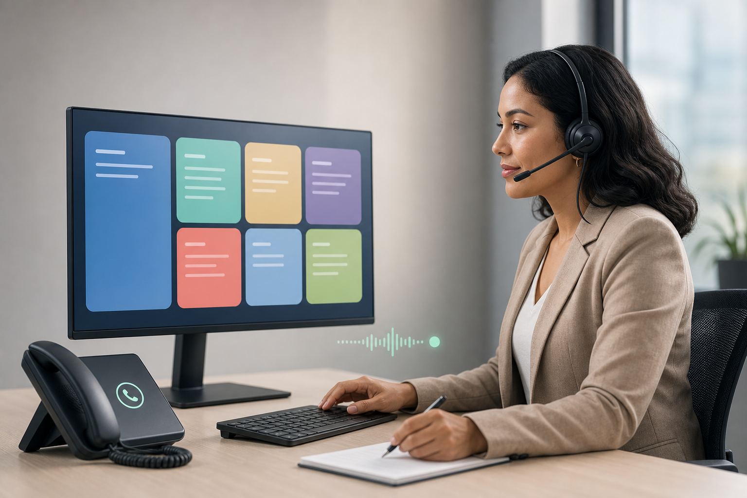Editorial illustration of a support operator receiving a structured seven-field handoff during a phone transfer, with blank context blocks visible on a monitor.
