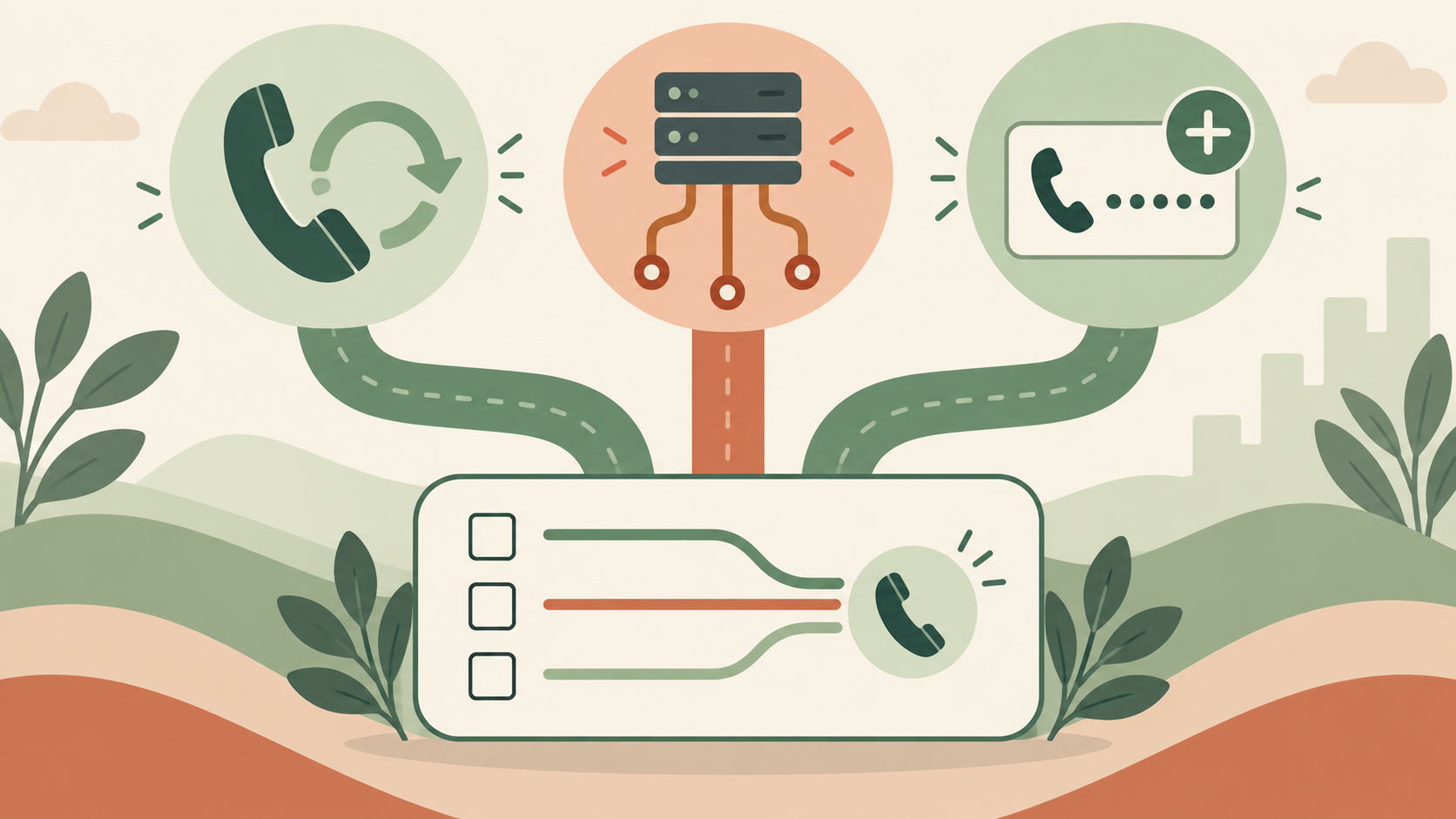 Diagram of three phone-connection paths — a kept number, a SIP trunk, and a new number — converging into one AI call flow.