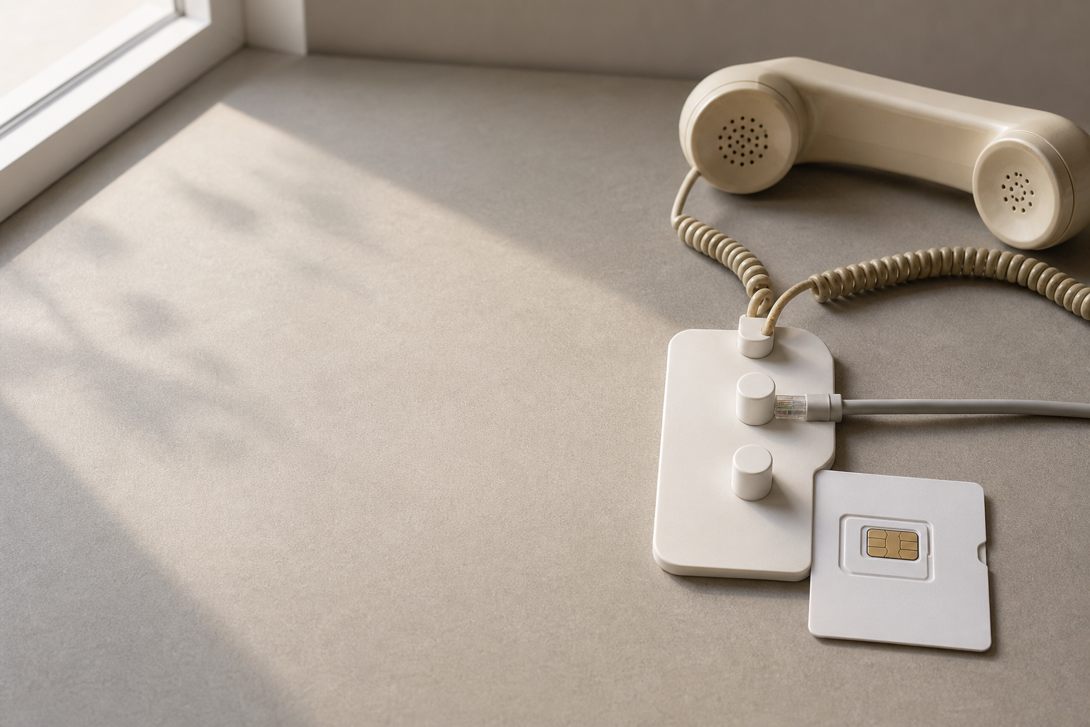Three different telephone connection paths converge towards a single blank call-flow board.