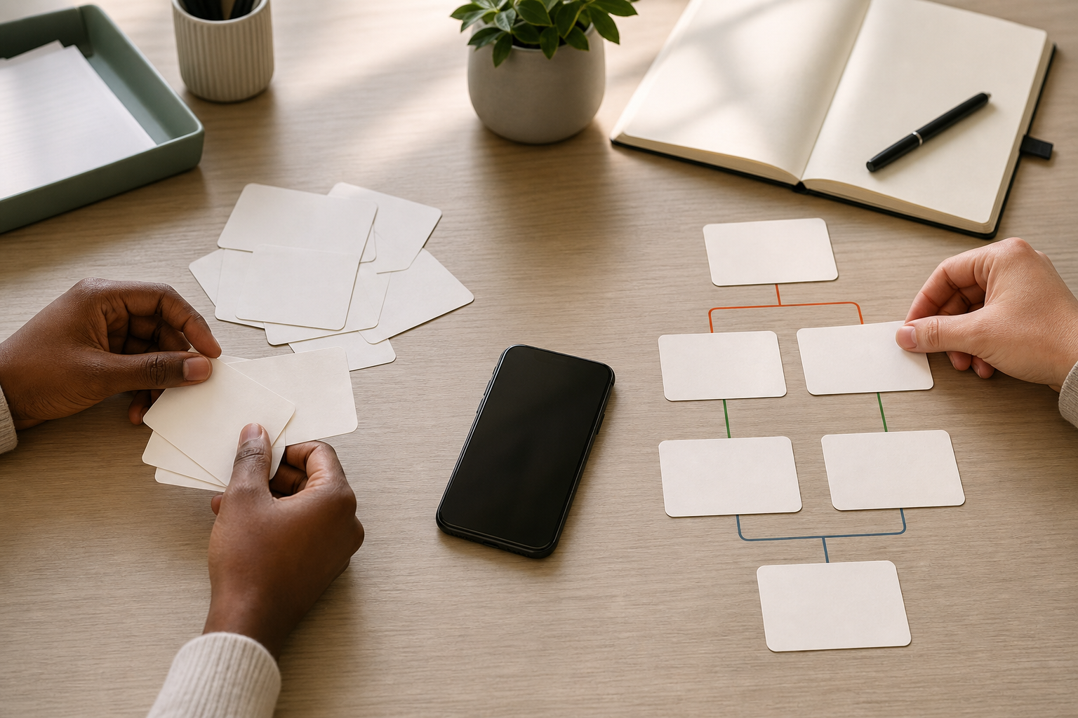 Phone conversation workflow represented by blank cards shifting from flexible discussion to an explicit routed handoff