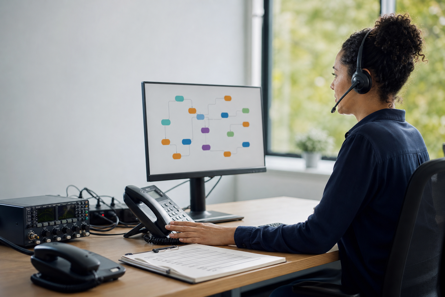 Operator testing a phone workflow at a desk with a headset, two handsets and a branching call-flow display.