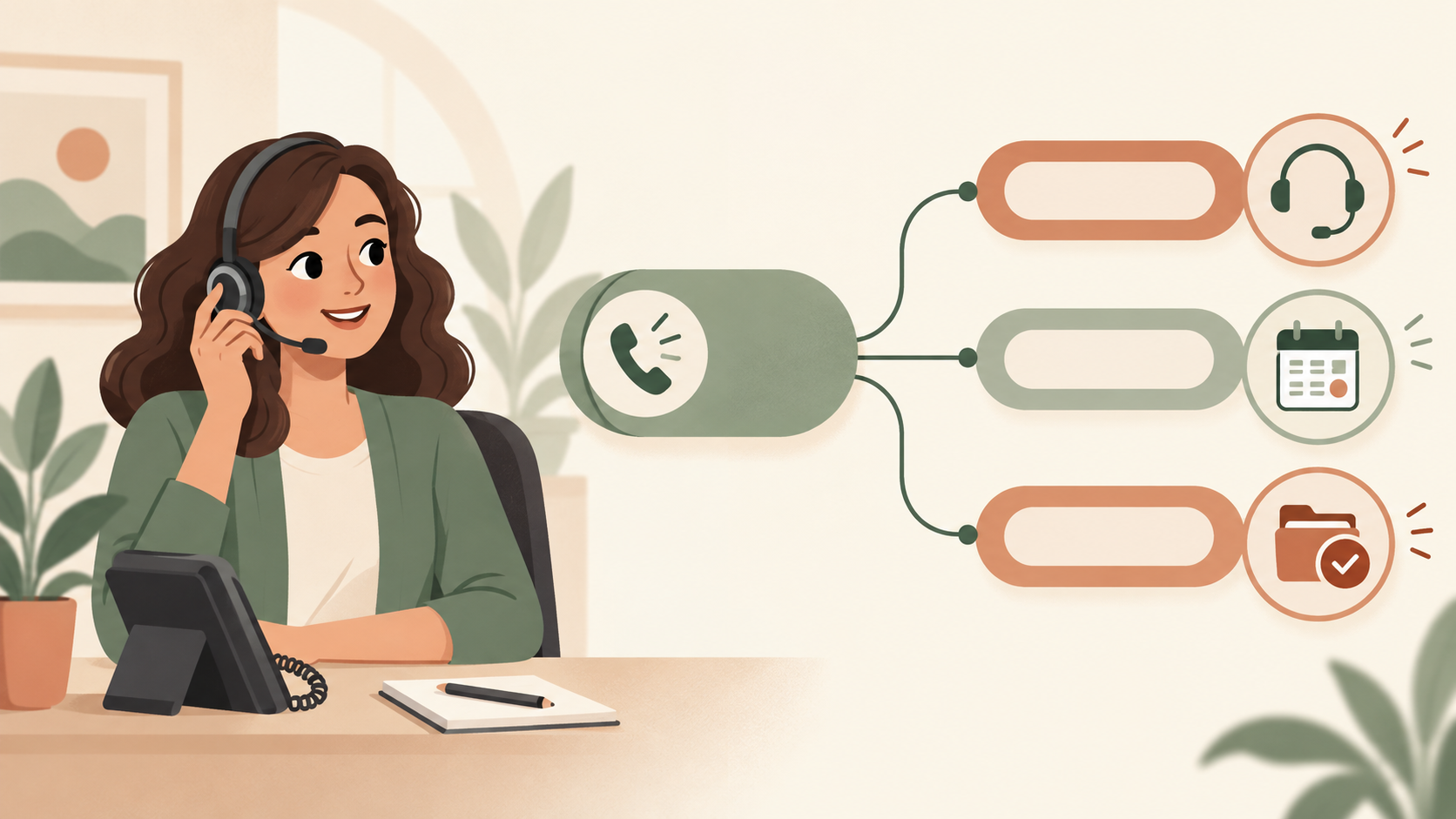 Illustrated recovery-call flow showing a sales representative beside a branching script from opener to warm transfer, follow-up, or closed outcome.