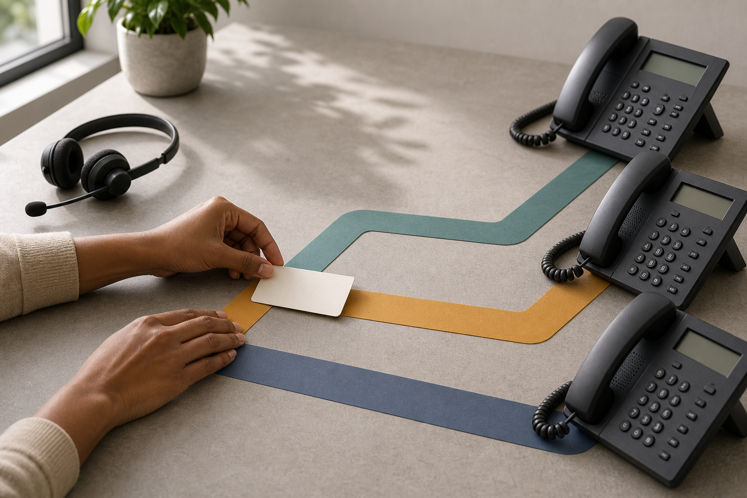 Sales operations desk with a headset and three colour-coded routing paths leading to separate representative phones.