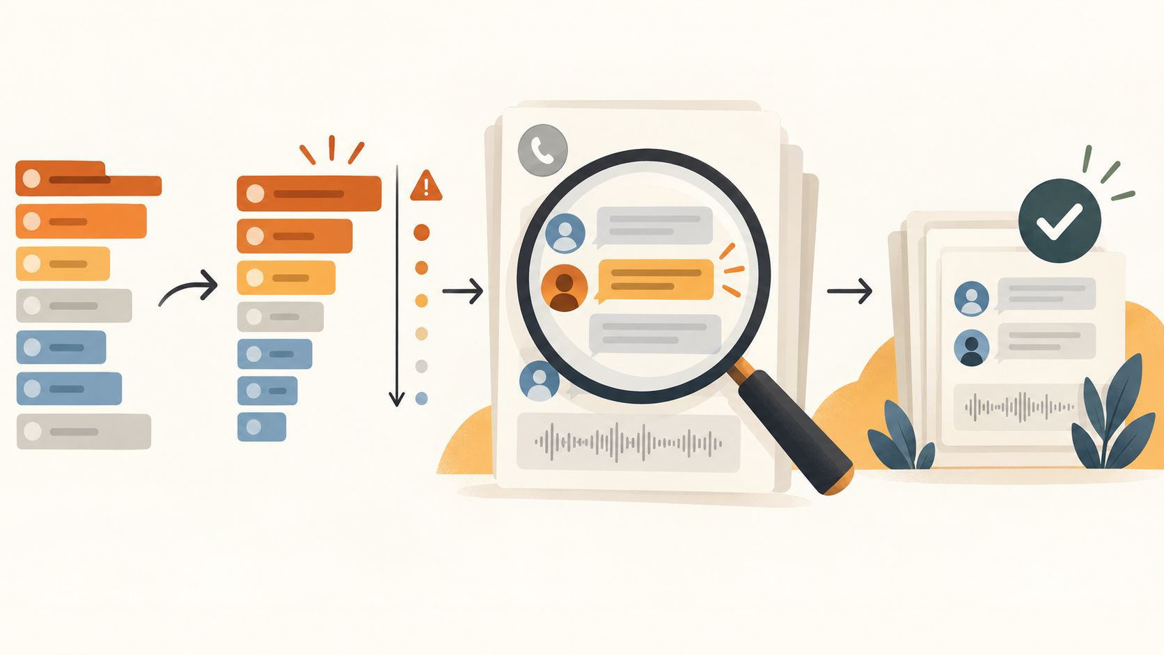 Editorial three-pass failure-triage illustration showing outcome sorting, call-record review, and a healthy-sample check.