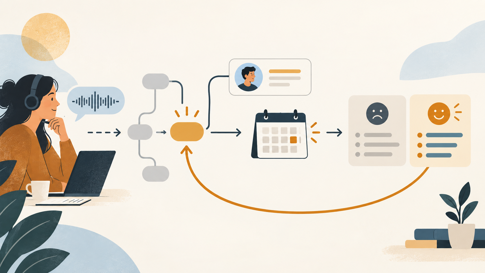 Editorial illustration of a one-change review loop connecting a call-flow node, an owner, and a recheck date.