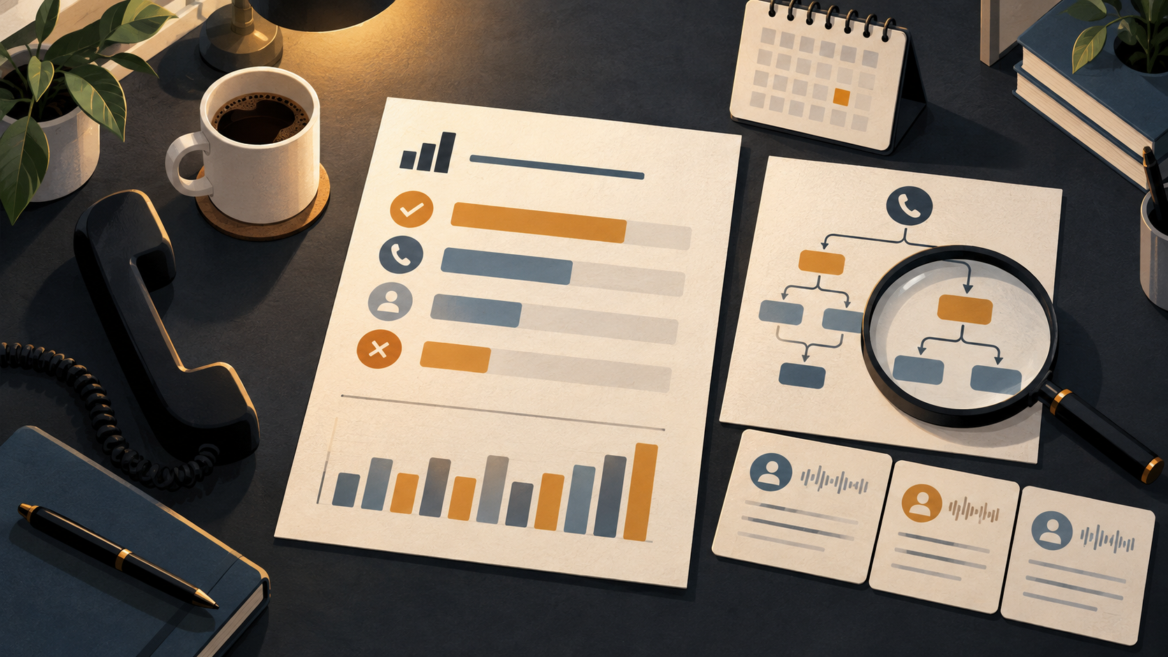 Editorial illustration of a weekly review desk with call outcome cards, a branching flow map, and a calendar checkpoint.