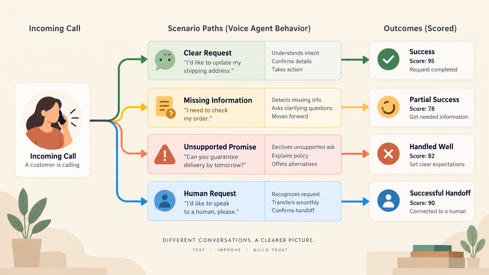 Test branches for an inbound voice-agent scenario.