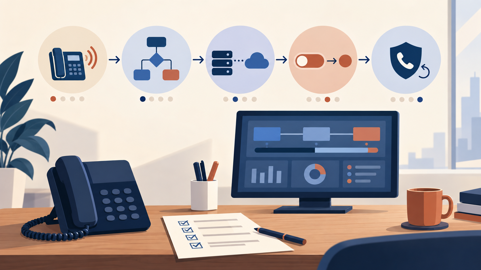 Illustrated route migration sequence with an operations desk checking the switched SIP path.