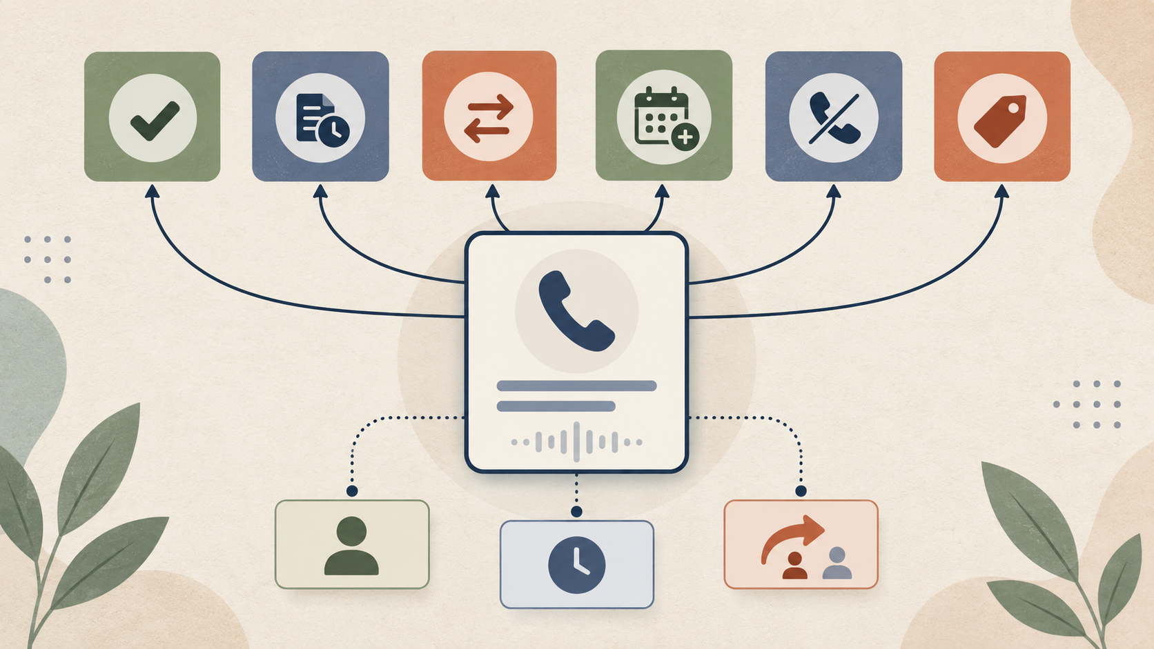 Diagram of per-call CRM outcome record fields with a controlled disposition vocabulary.