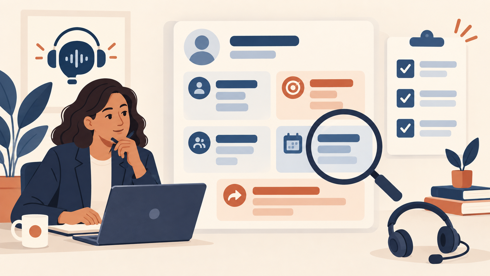 Reviewer auditing a structured post-call CRM record beside an illustrated call-field checklist.