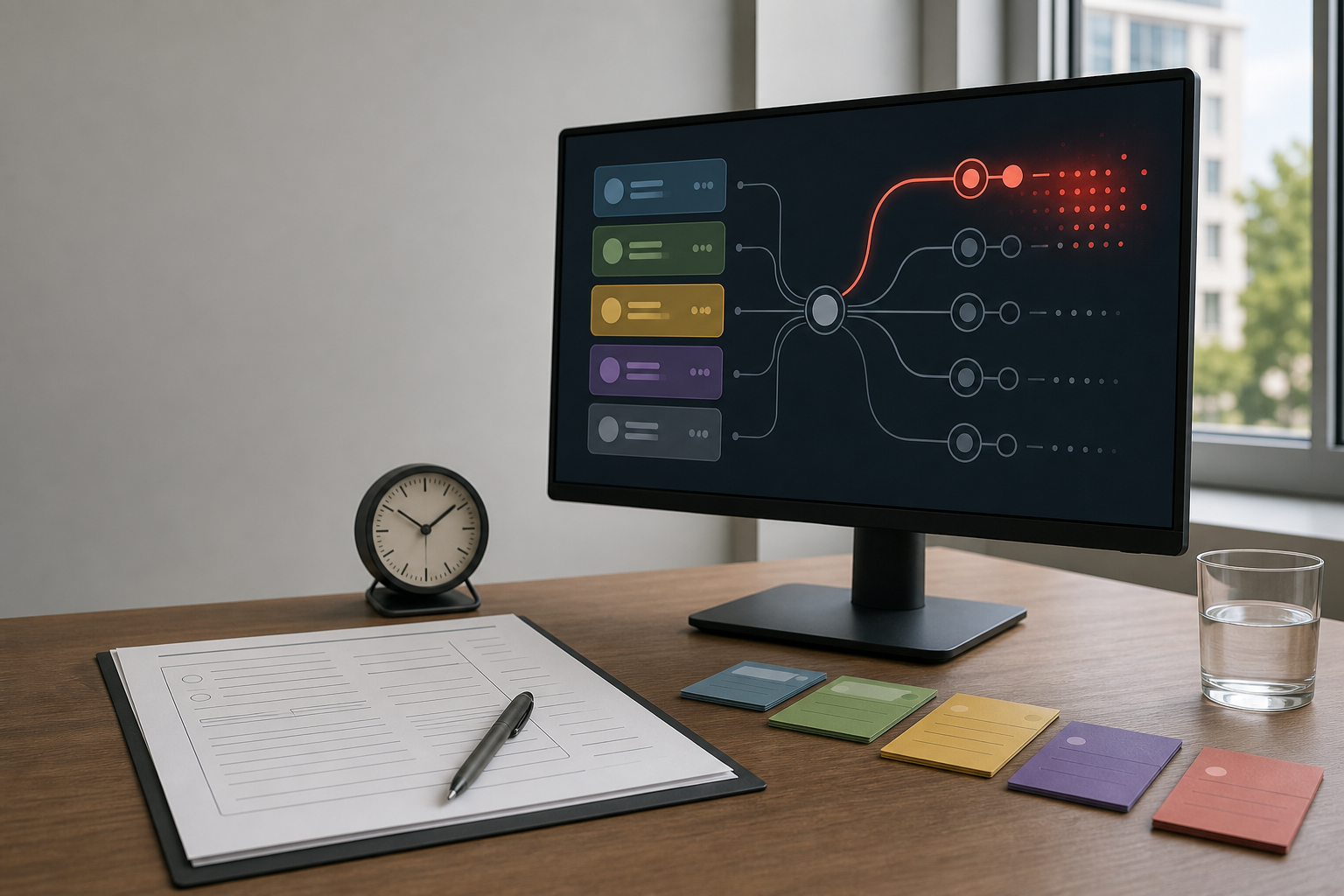 Operations desk with an abstract call queue, branching call flow, incident worksheet and clock arranged for queue-backlog triage.