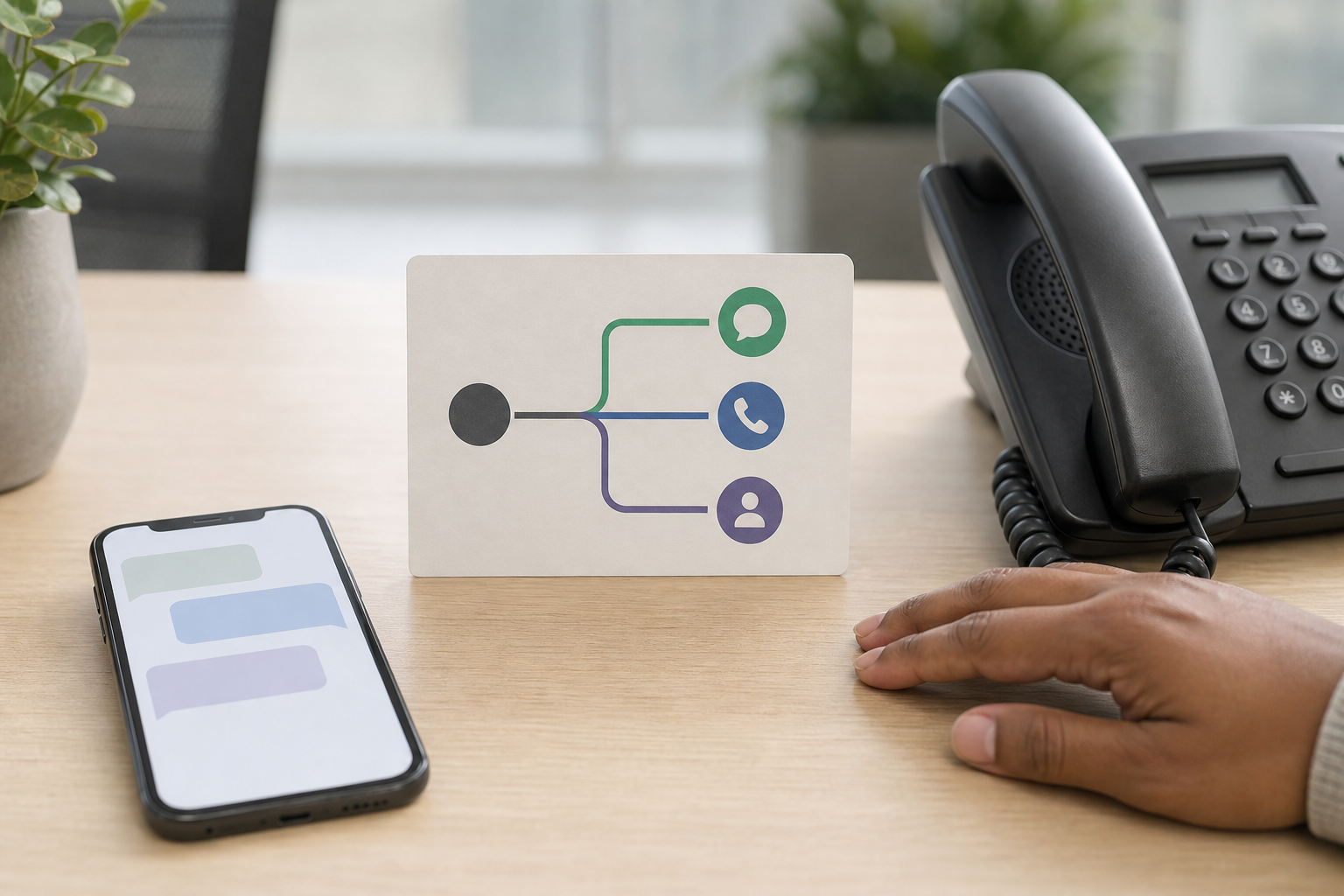 Smartphone, phone handset and human operator arranged as three possible follow-up routes after an AI call.